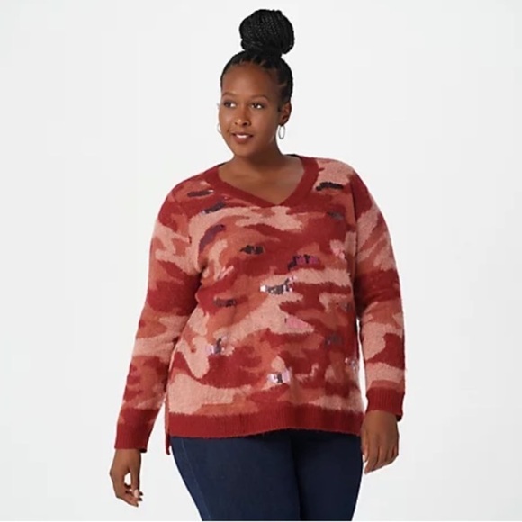 LOGO LAVISH BY LORI GOLDSTEIN Oversized Rust Sequin Long Sleeve Camo Sweater - Picture 1 of 11